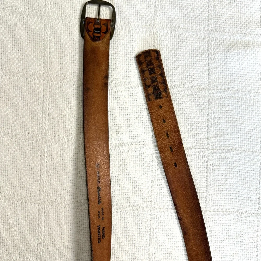 VTG 70s Tooled Leather Belt Steerhide Brown Boho Western Folk Artisan 38 USA‎